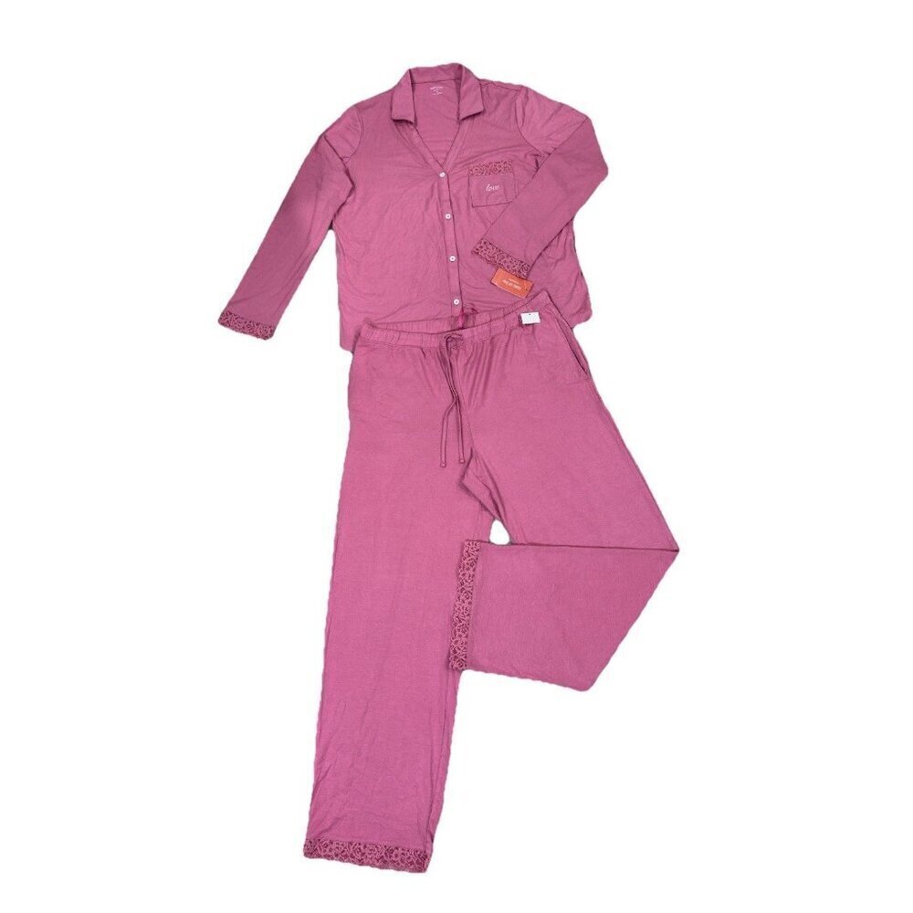 State of Day Macy’s Pink Lace Trim Collared Pajama Set 2PC Button Top Pants M - Picture 3 of 7
